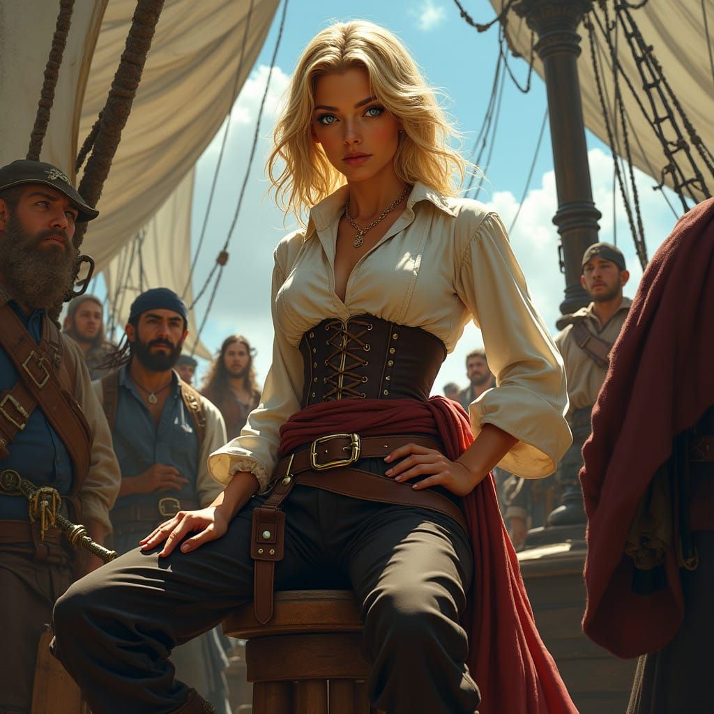 Pirate Captain Stands Tall Amidst Crew