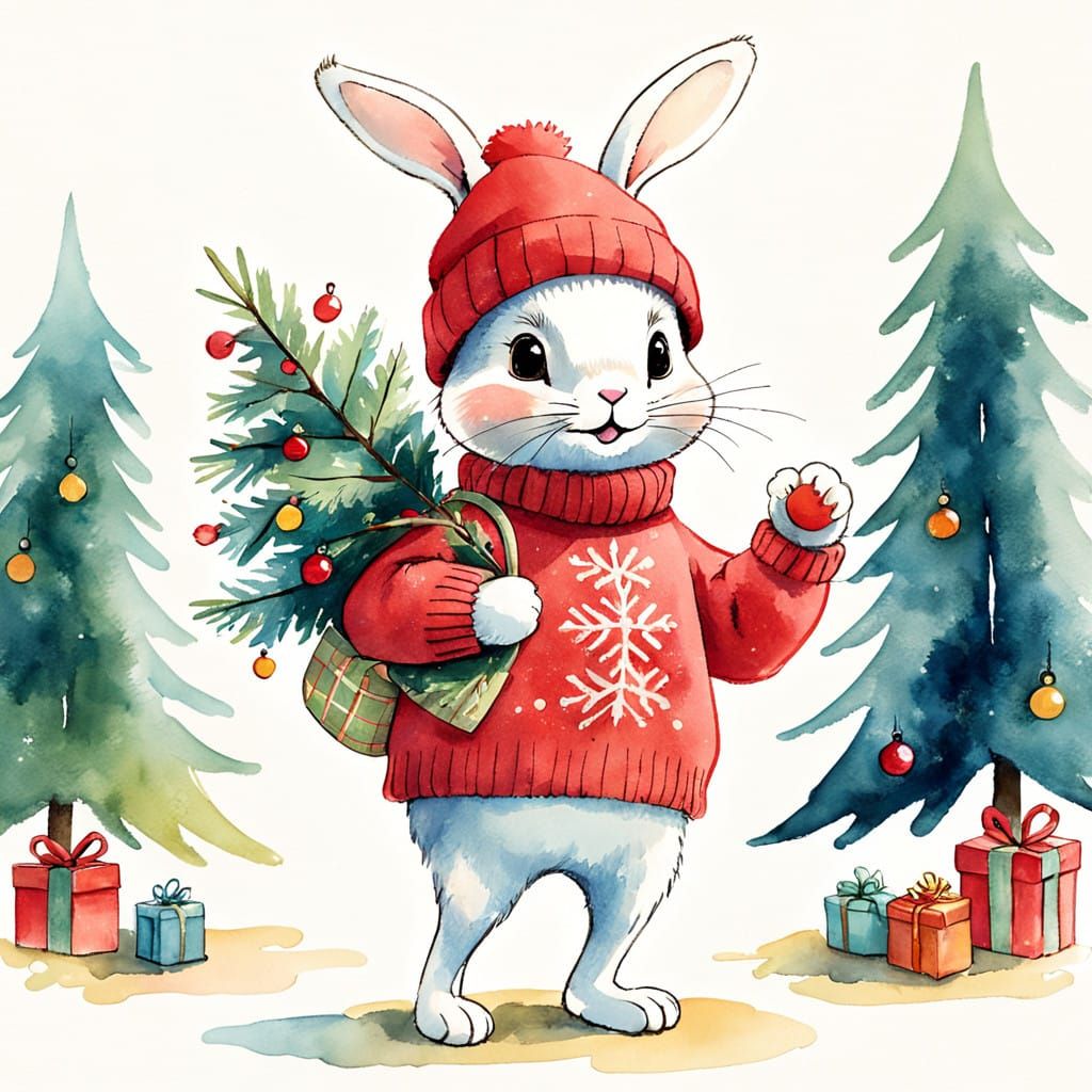 Joyful Toy Rabbit Stands Under Festive Christmas Tree