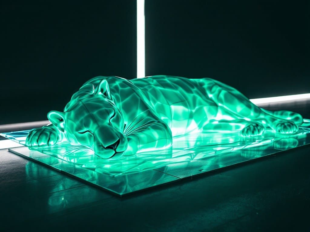Glowing Emerald Panther Sculpture in Minimalist Style