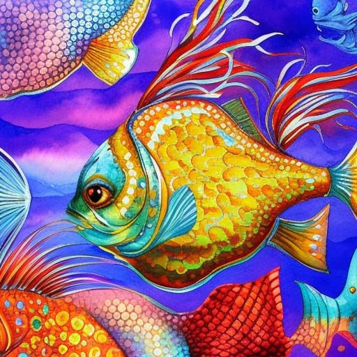 Colorful Fantasy Fish in Gouache Watercolor Style