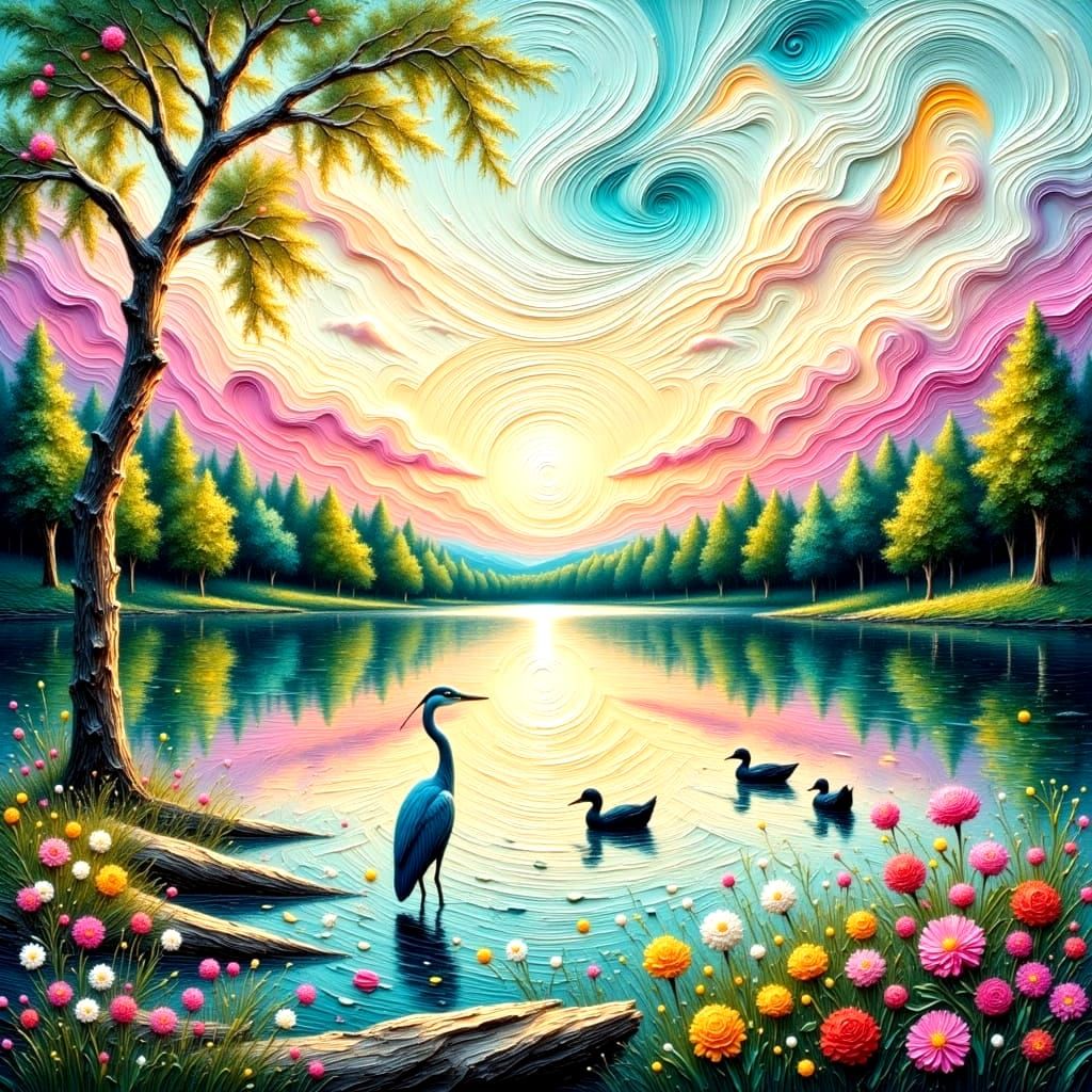 Vibrant Sunset in Serene Parkland with Curving Paths and Wat...