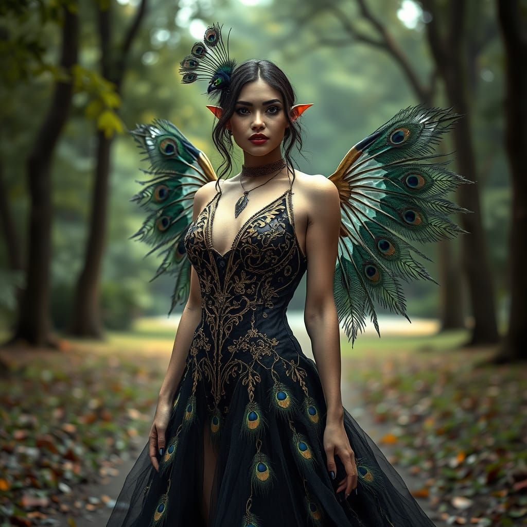 Goth Vampire in Peacock Dress with Angel Wings