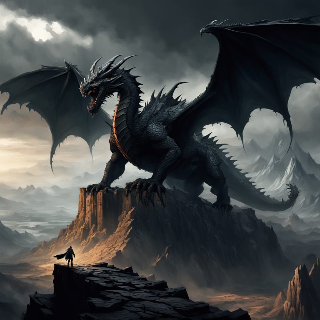 Ancient Obsidian Dragon on Stormy Peak - Fantasy Art