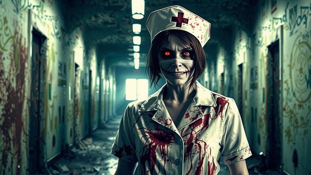 Twisted Hospital Nurse Emerges from Shadows in a Decaying Ho...