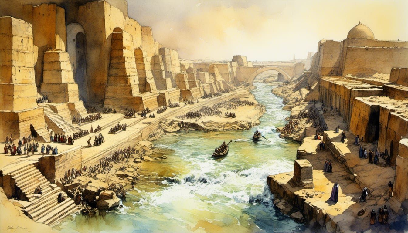 Babylon's Rivers: An Epic Watercolor Masterpiece