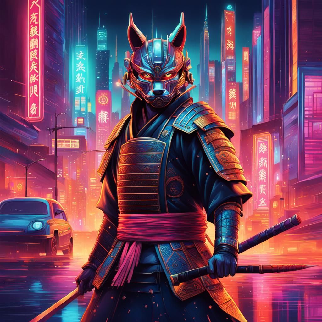 Futuristic Samurai in Neon Cityscape, Art Deco Style