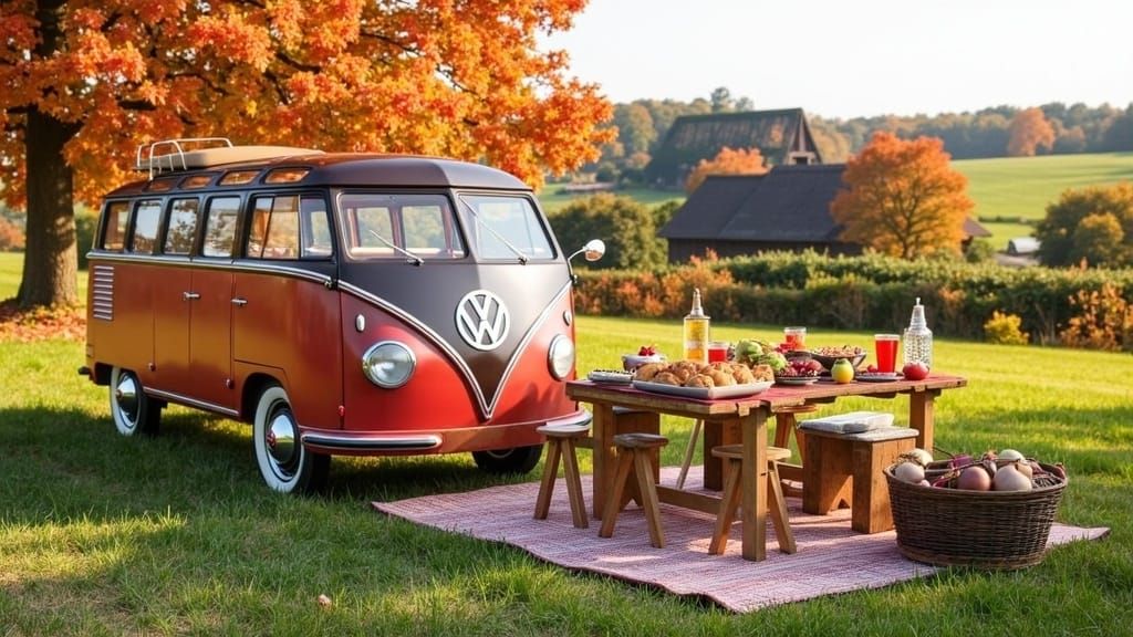 Classic VW Samba in Autumn Meadow with Thanksgiving Feast