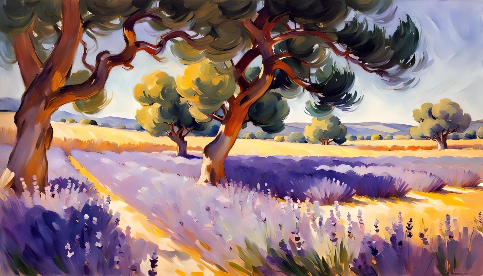 Lavender Field in Provence, France, in Impressionist Style
