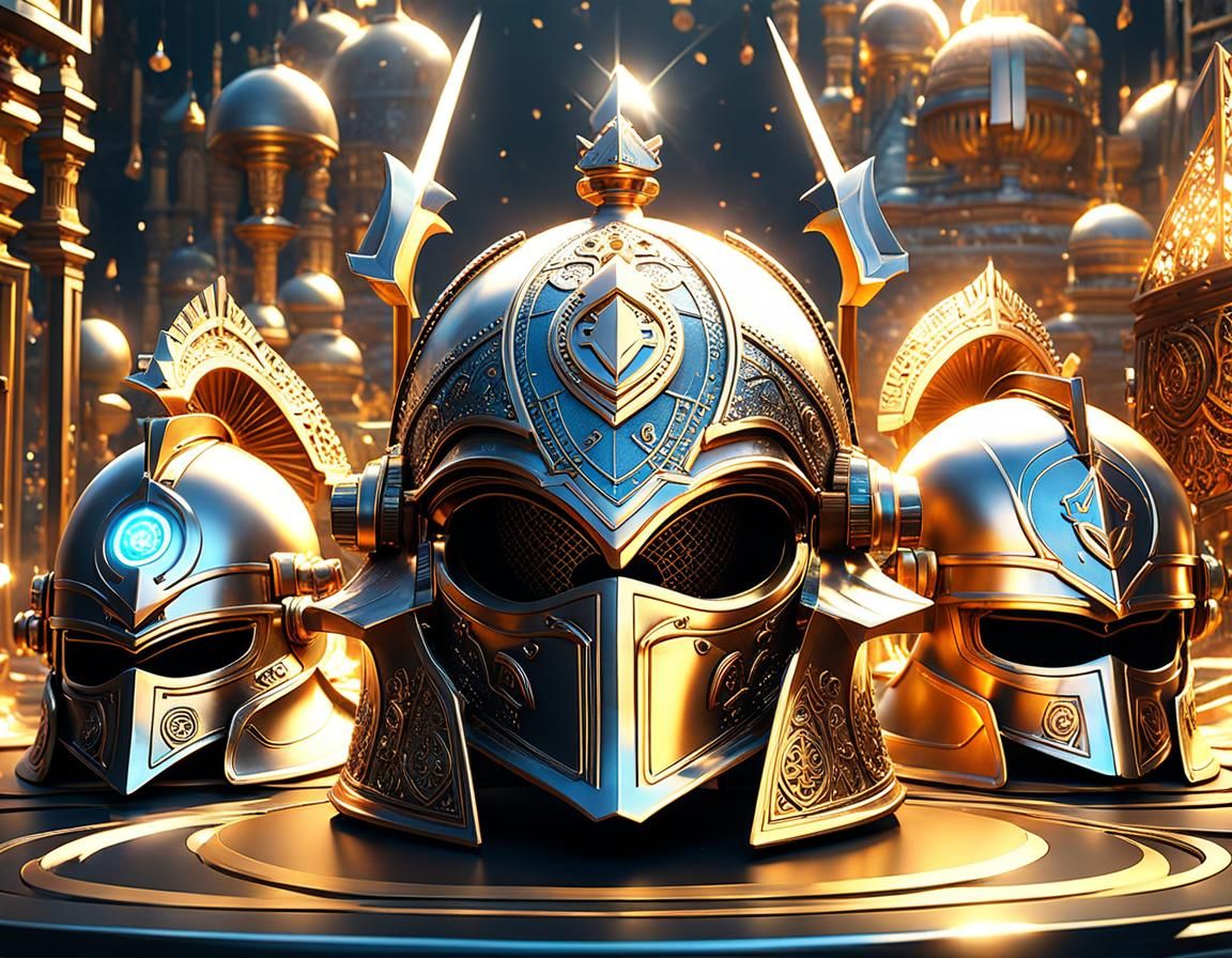 Epic Asymmetrical Helmets with Glowing Runes in 3D