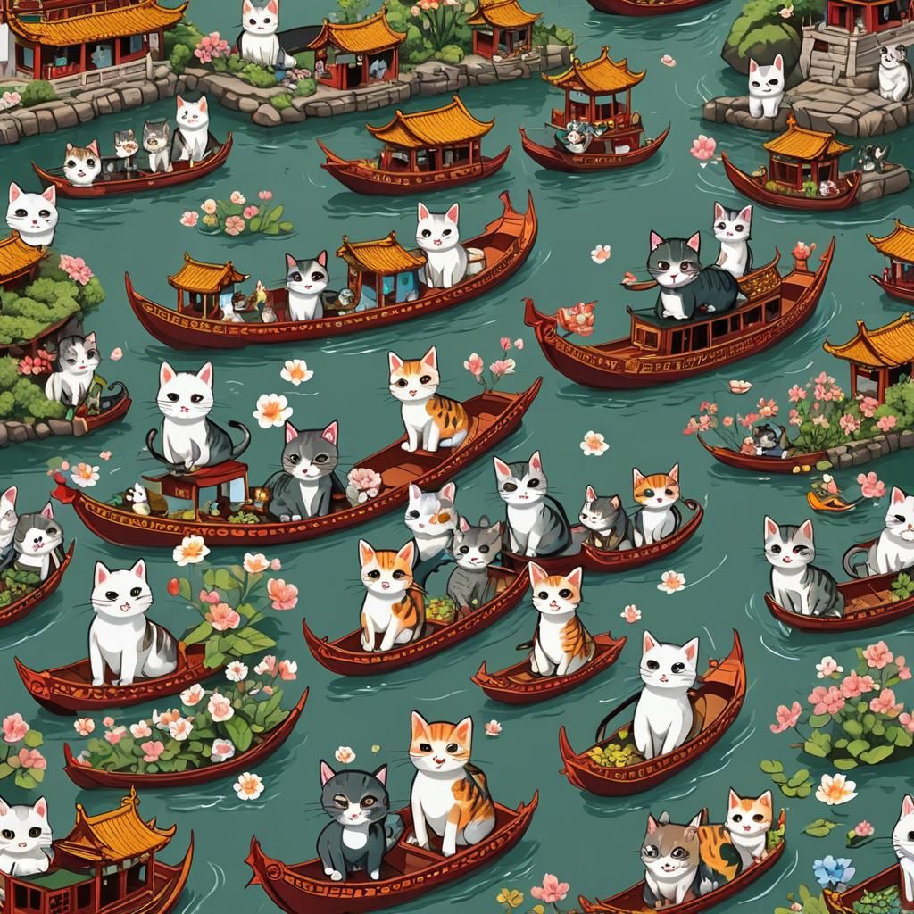 Cats Celebrate Dragon Boat Festival in Anime Art