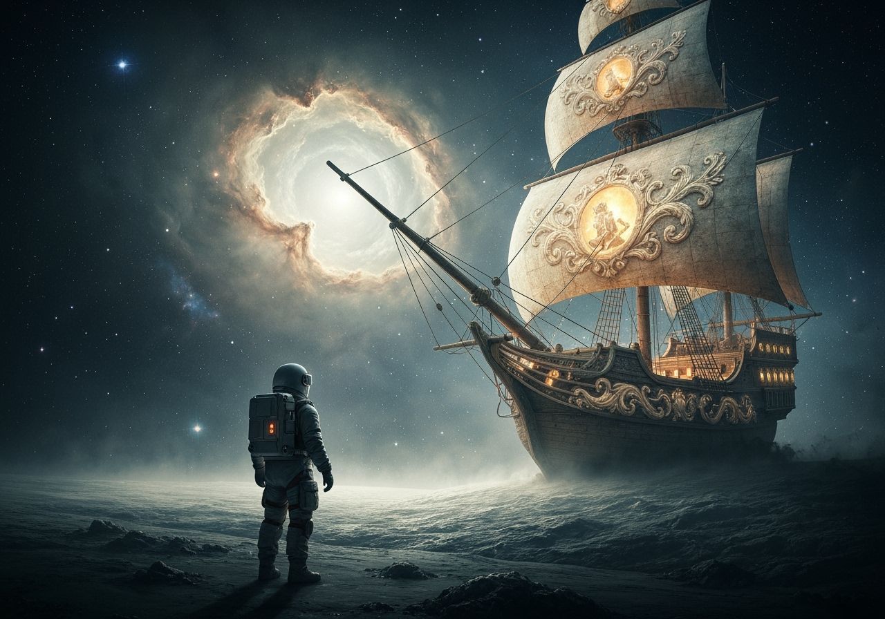 Astronaut Adrift Near Celestial Sailing Ship in Nebula