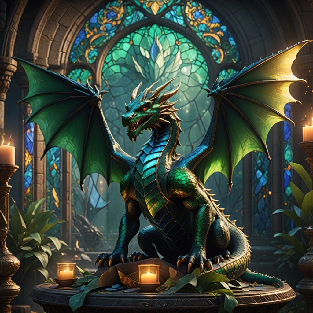 Majestic Stained Glass Dragon Amidst Golden Lighting