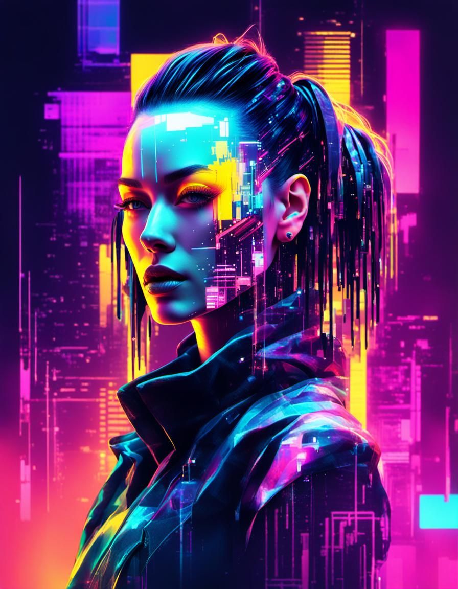 Glitched Neon Punk Girl AI Avatar in Cyberpunk Style