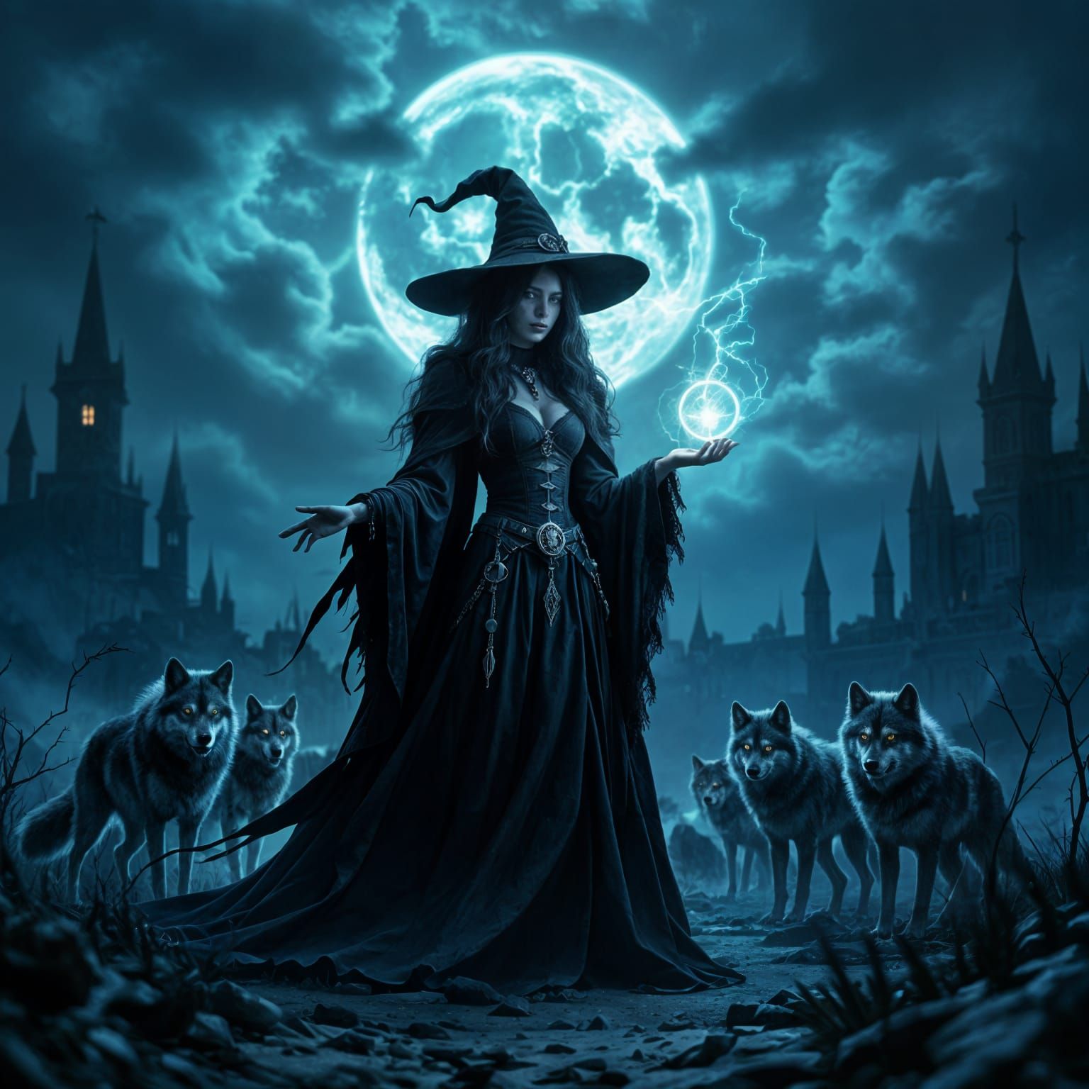 Witch Conjuring Dark Magic With Spectral Wolves