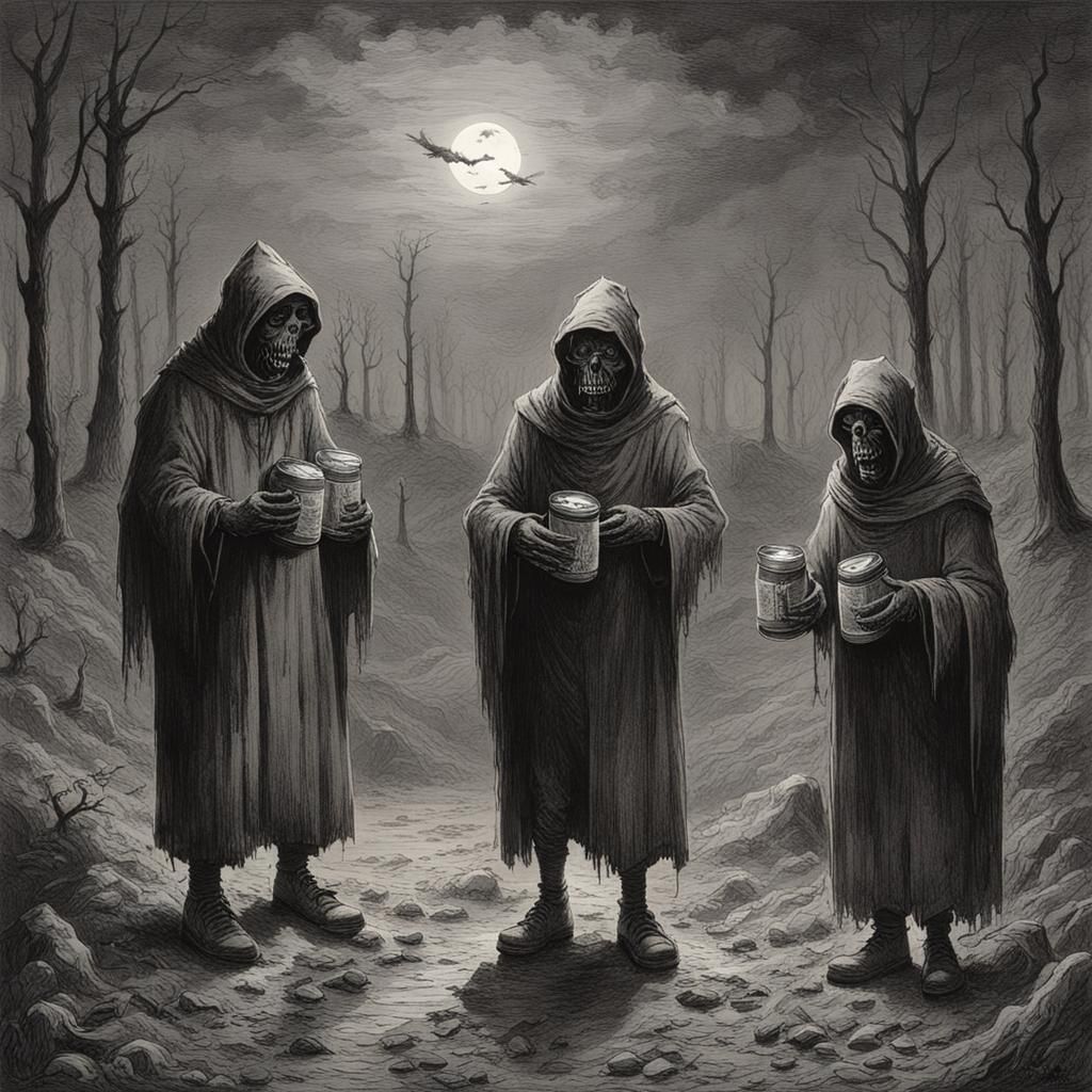 Friends Share Horrors with Makeshift Phone, Dark Fantasy Art