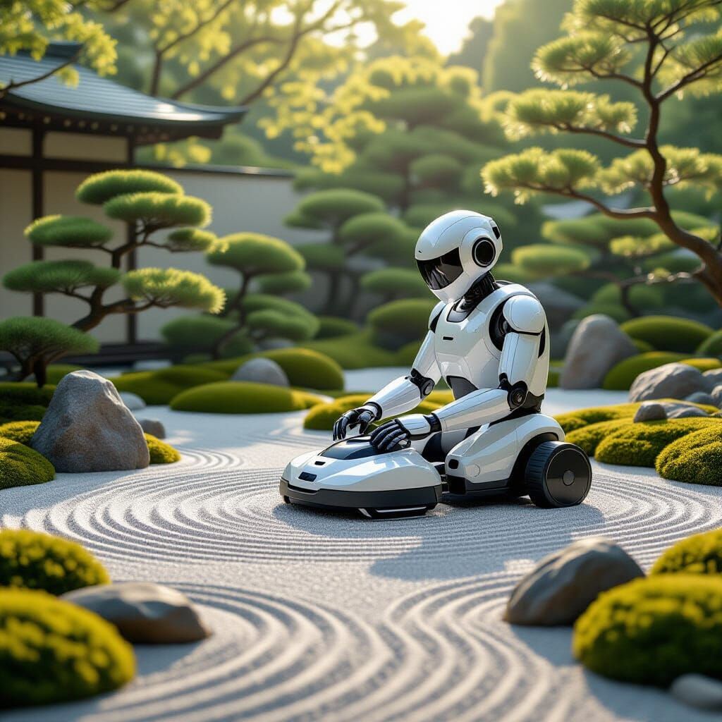 Robot Gardener in a Futuristic Zen Garden