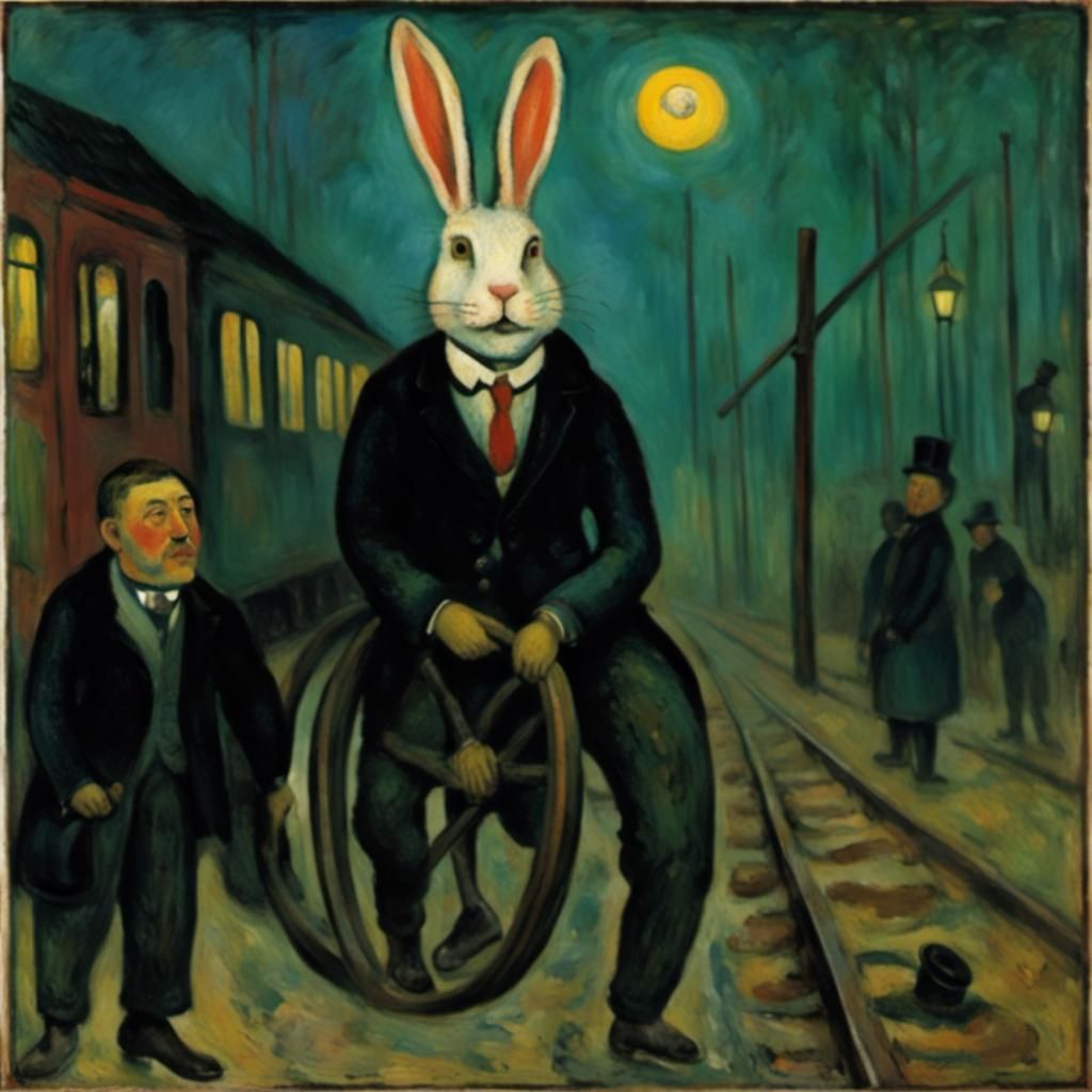 Surreal Rabbit by Train Tracks, Expressionist Style