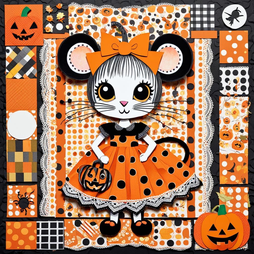 Cute Halloween Mouse in Polka Dot Dress with Jack o Lantern