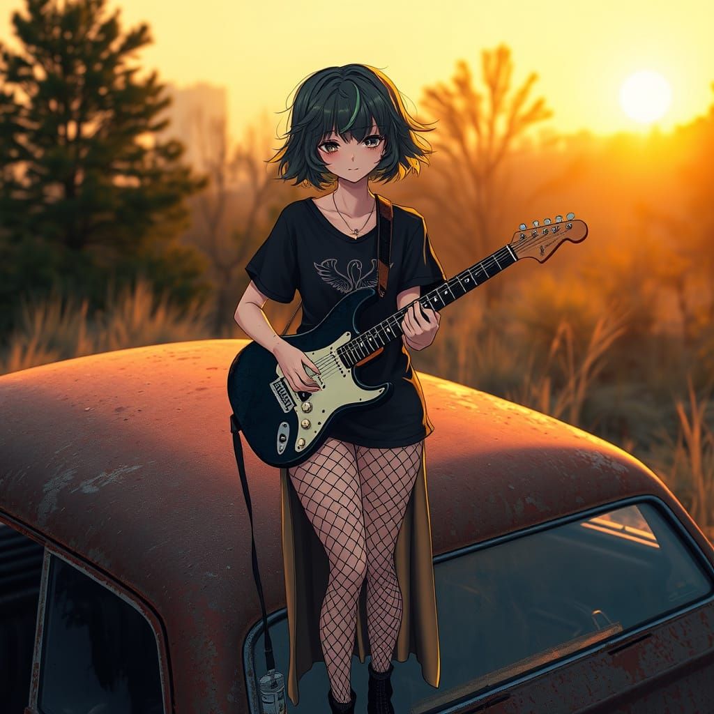 Gothic Emo Girl Plays Guitar on Abandoned Car Roof in Vibran...