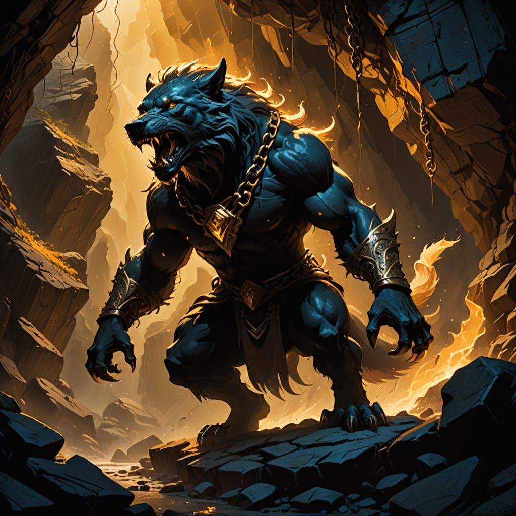 Fenrir Breaks Free in a Dark, Stormy Cave