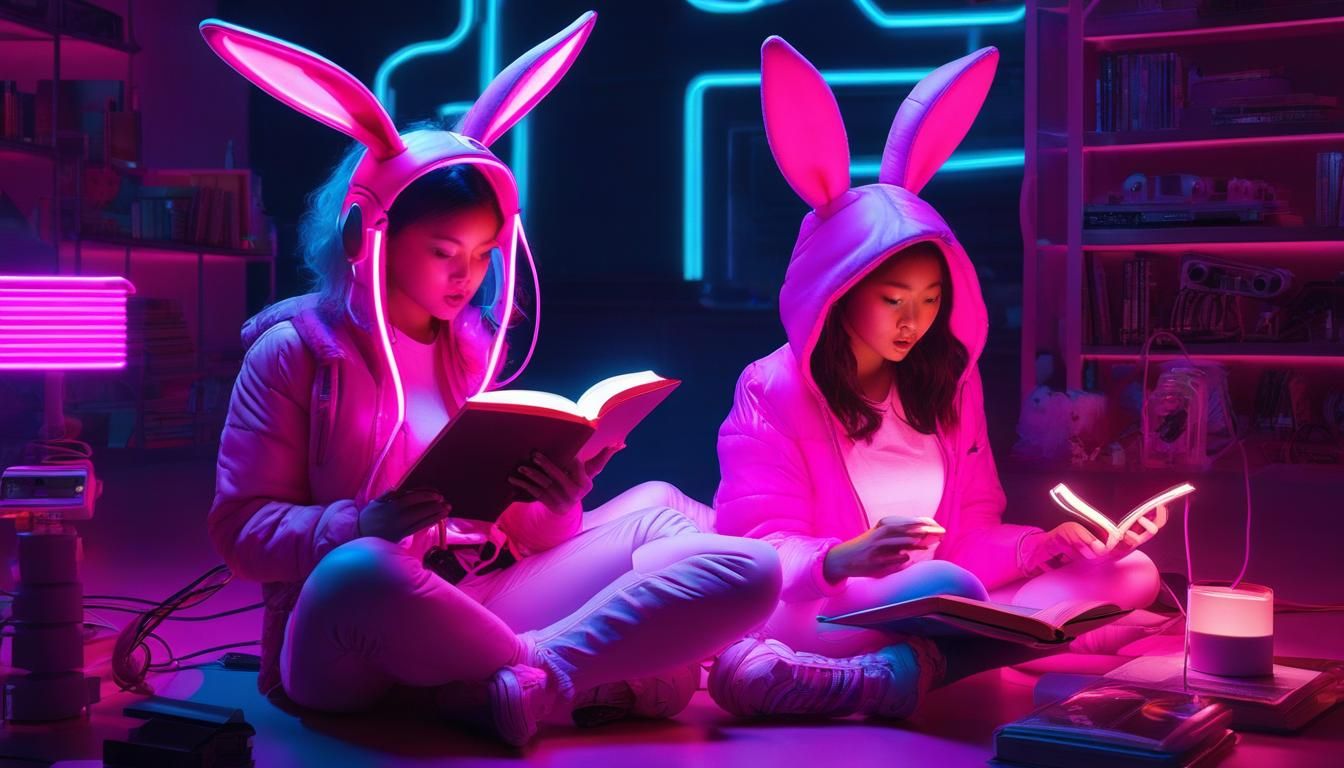 Neon Bunny Bots Guard Girl Reader