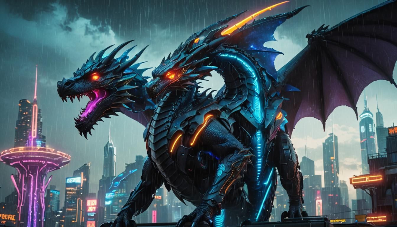 Cyberpunk Dragon Dominates Rain-Soaked Cityscape