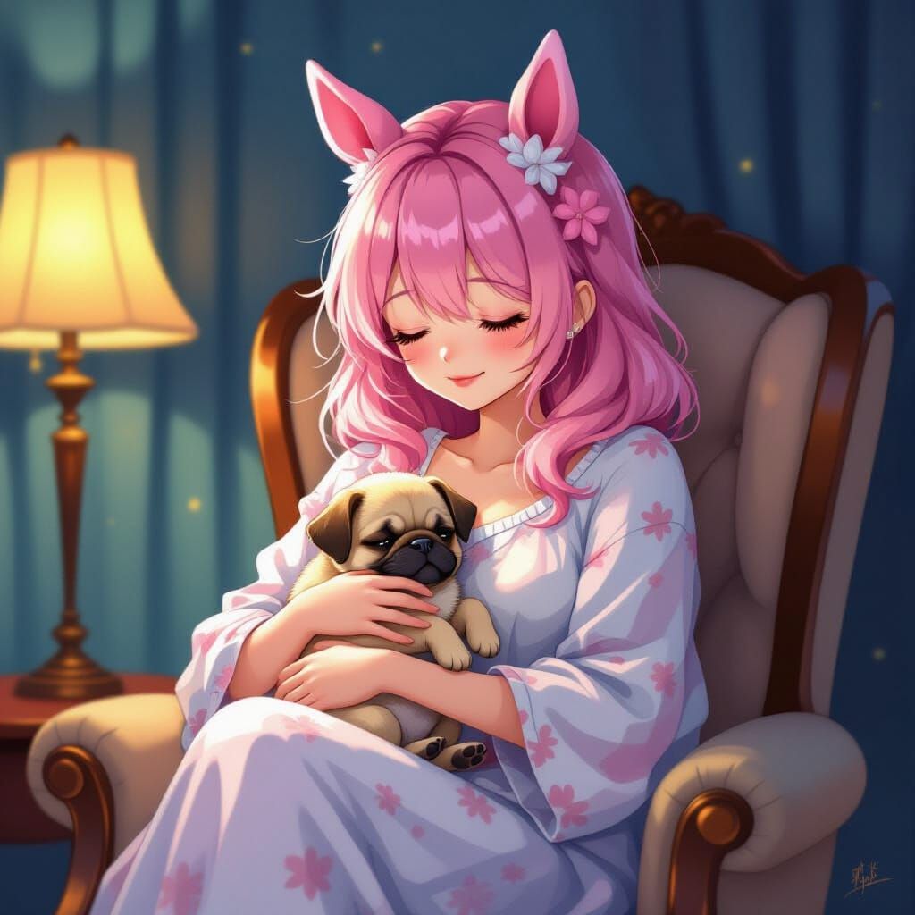 Anime Girl with Horse Ears and Pug Puppy in Warm Glow