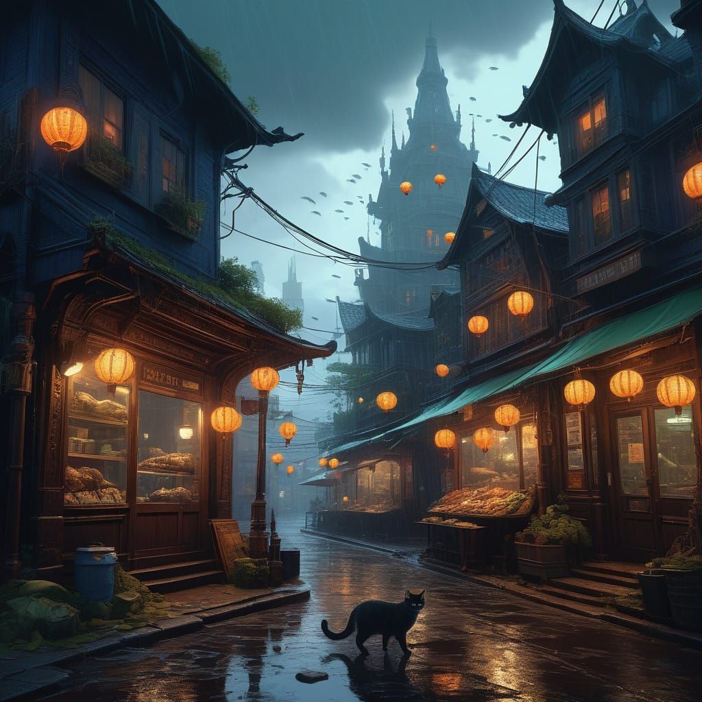 Mystical Cat Gazing at a Luminous Fish Shop in a Dreamlike C...