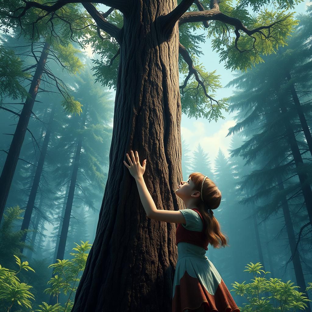 Girl Awestruck by Towering Tree: Fantasy Concept Art