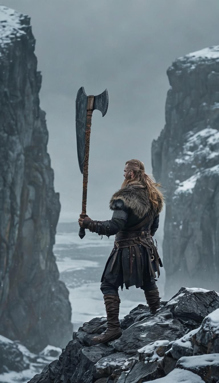 A towering Viking warrior stands on the jagged, icy cliffs o...