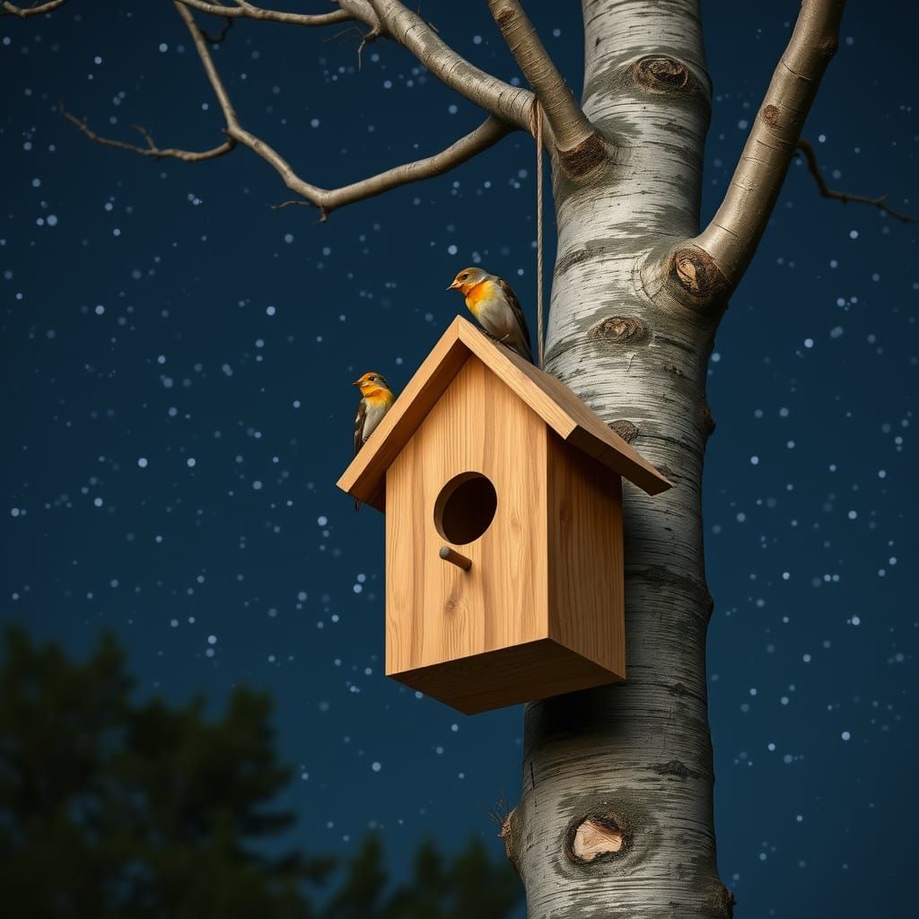 Birdhouse on Tree of Life Under Starry Sky