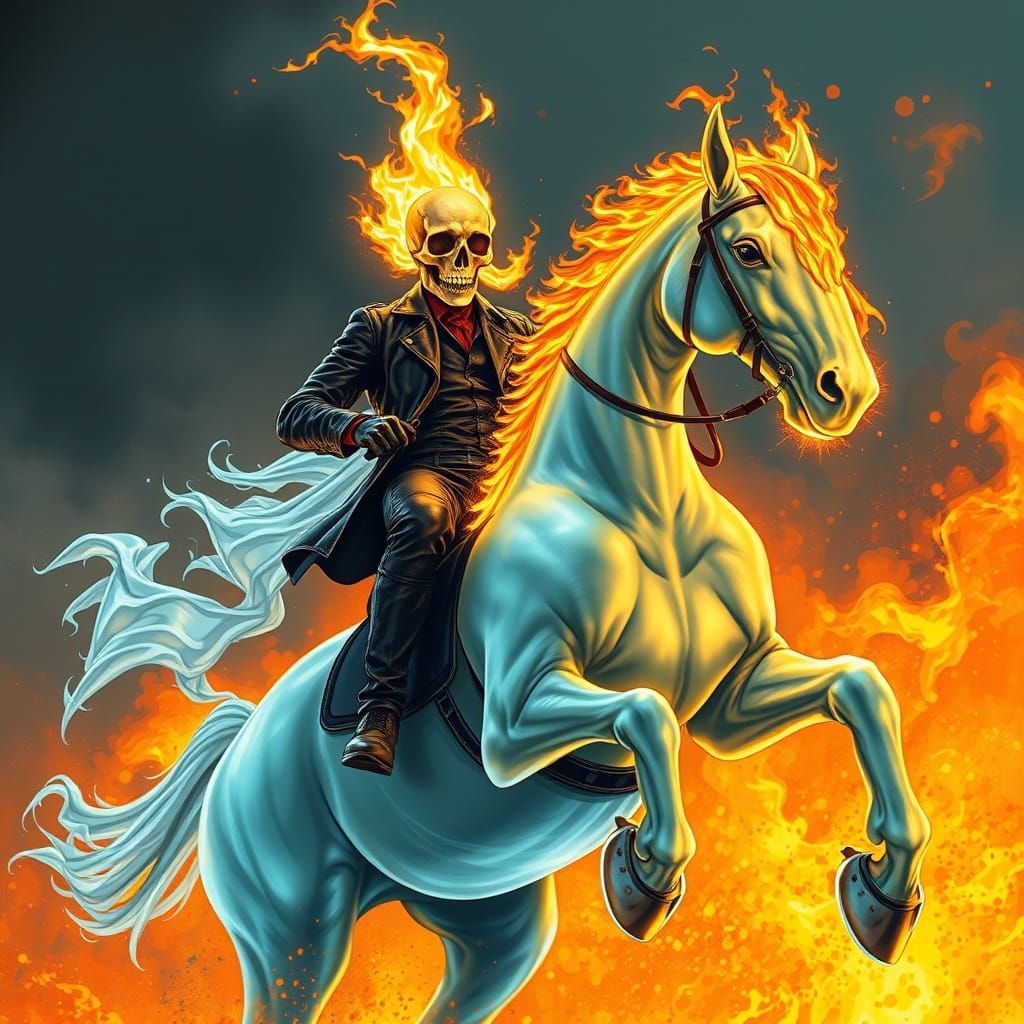 Ghost Rider on Ghost Horse in Dark Fantasy Style