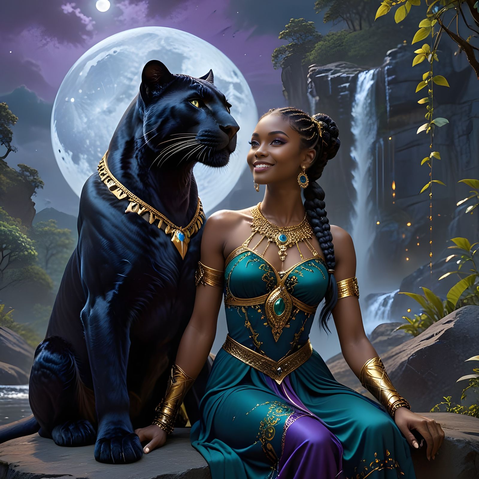 Warrior Goddess with Panther in Surreal Fantasy Painting