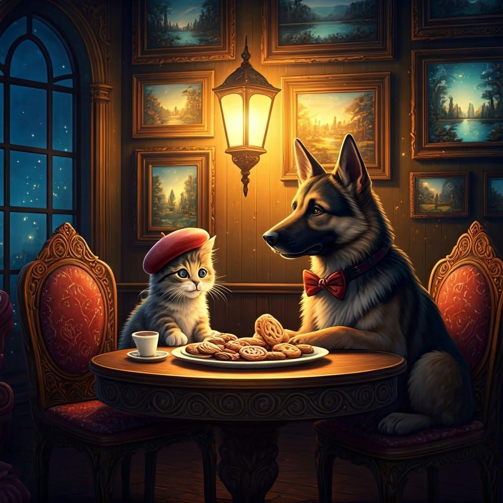 Whimsical Night Cafe Scene with Kitten and German Shepherd