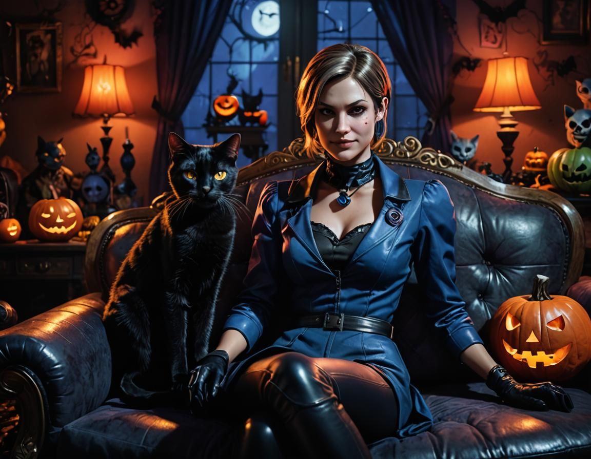 Jill Valentine Portrait with Halloween Decorations
