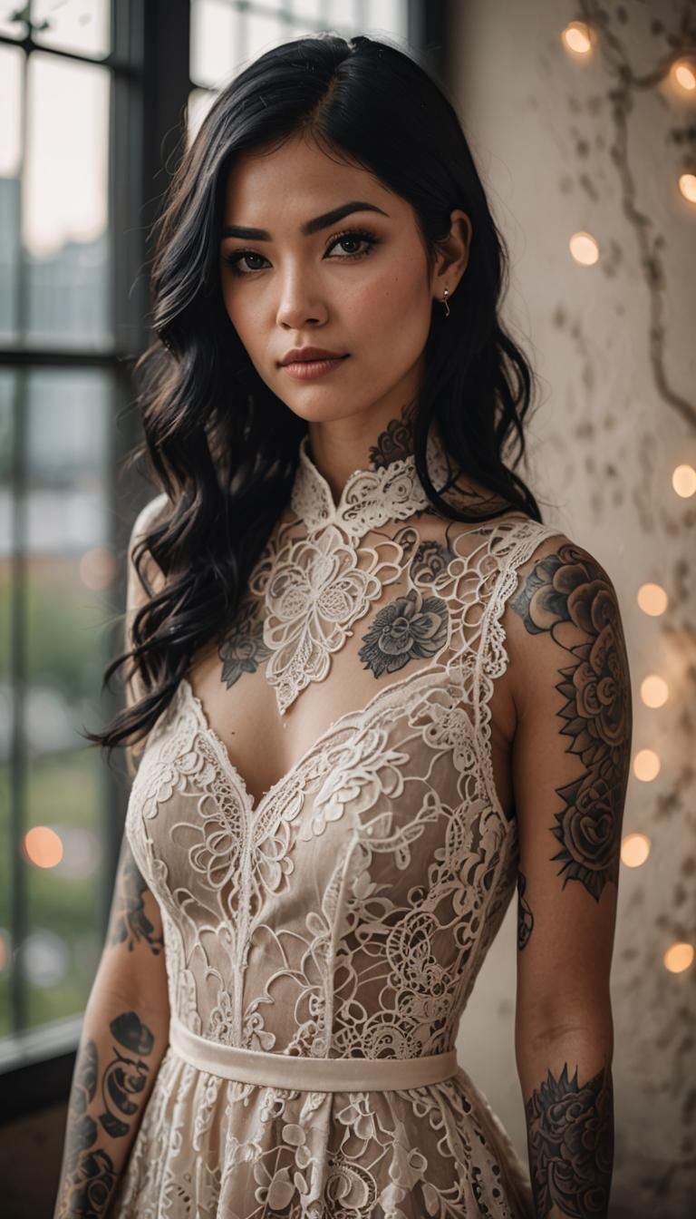 Woman with Tattoos in Lace Dress, Professional Photography