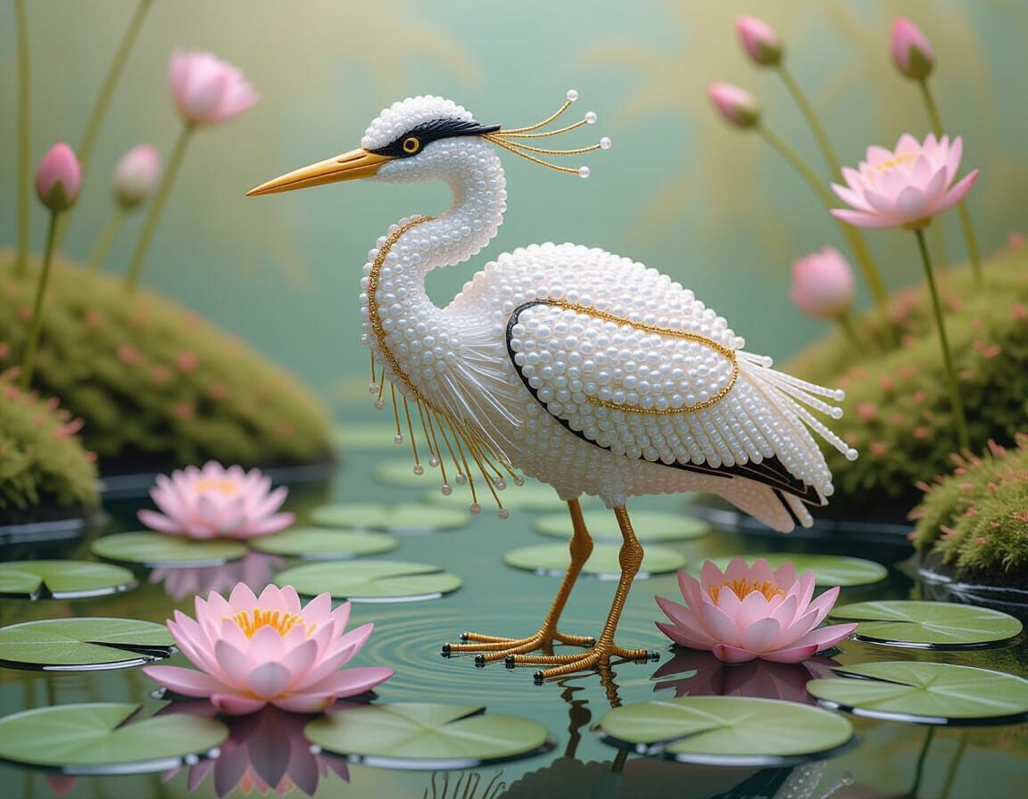 Elegant Beaded Heron Sculpture in Lily Pond Diorama