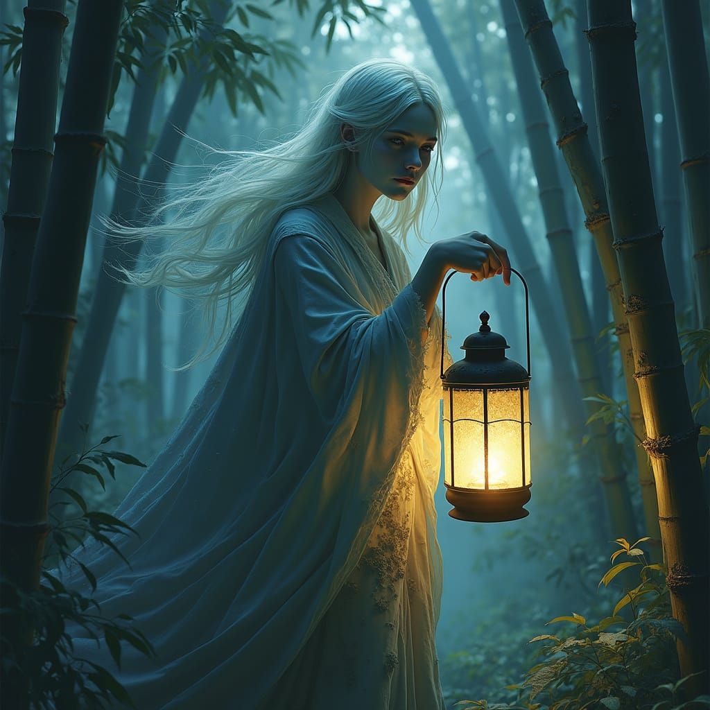 Yokai Woman Emerges from Misty Forest in Ukiyo-e Style