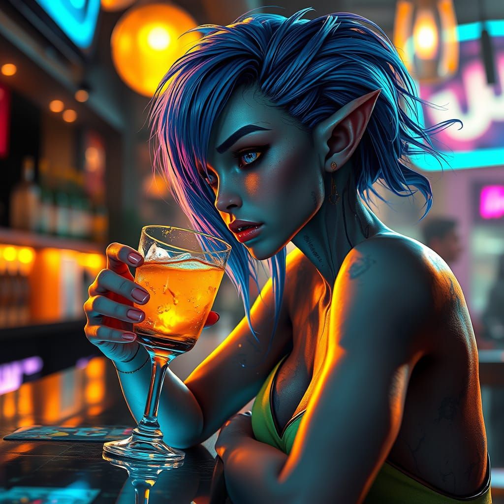 Blue Haired Alien Sips Drink in Neon Bar