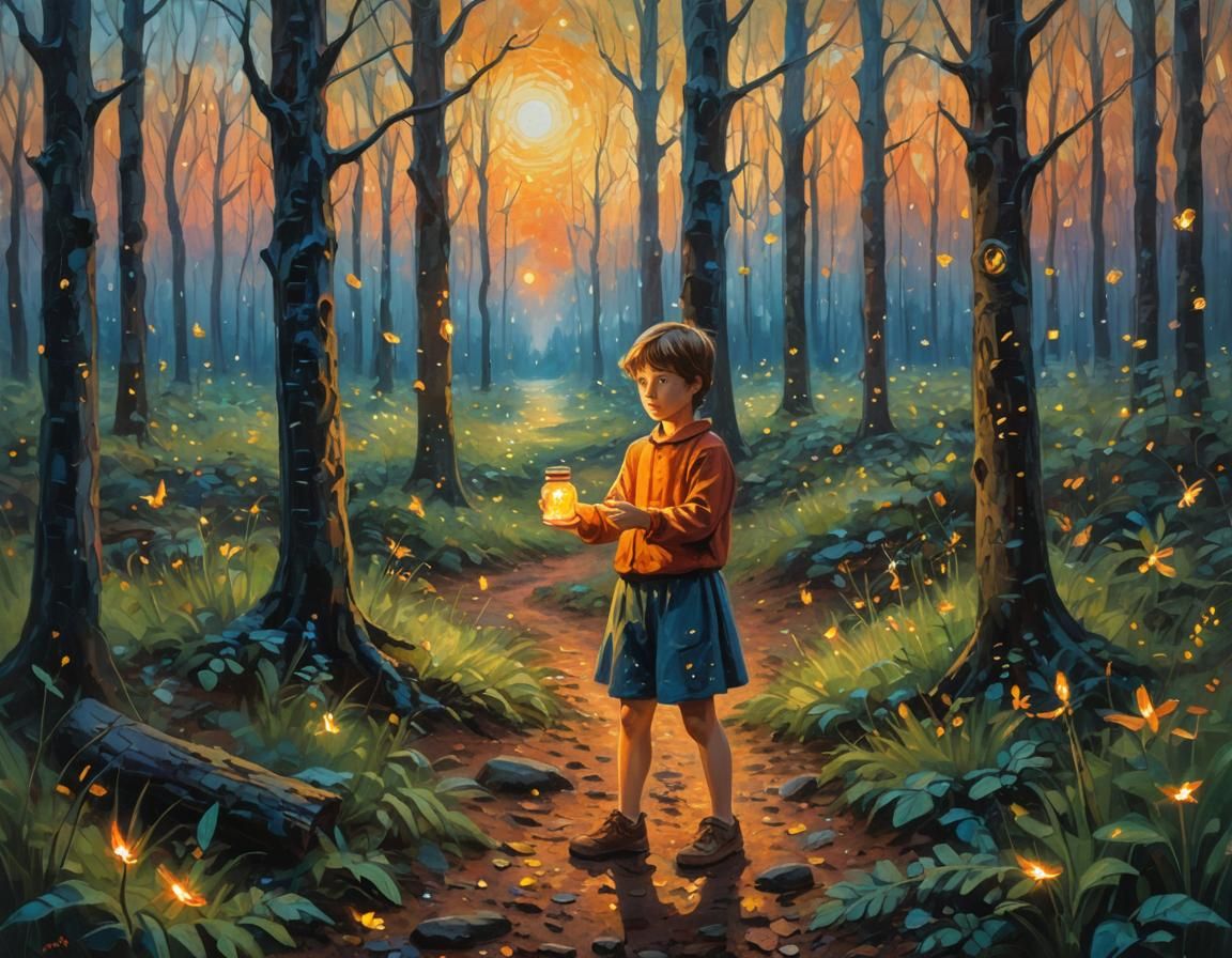 Child with Fireflies: Neo-Impressionist Impasto Oil Painting