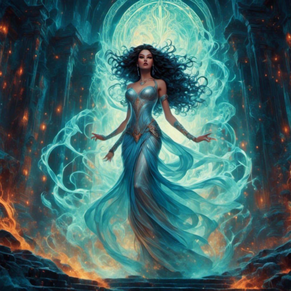 Ghostly Banshee in Ancient Ruins: Ink and Acrylic Art