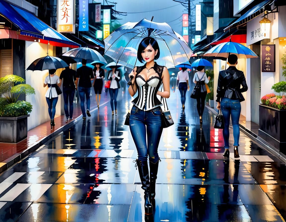 Thai Woman in Bangkok Rain, Watercolor Painting