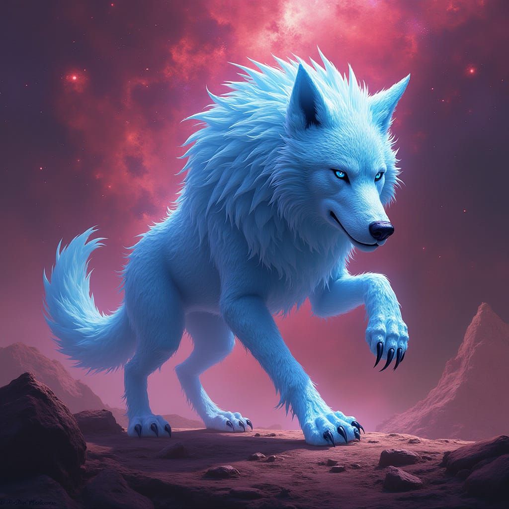 Crystal Wolf Amidst Vibrant Cosmic Landscape