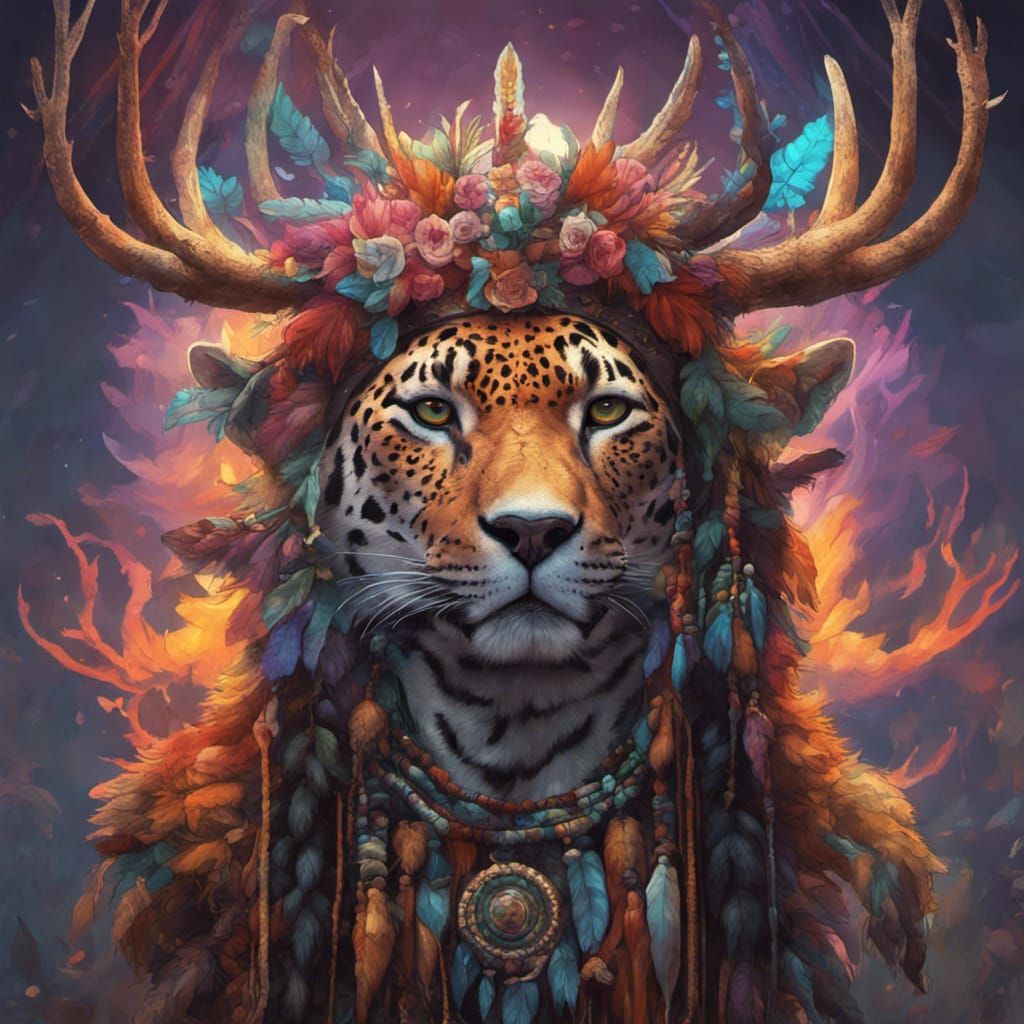 South American Shaman with Jaguar and Deer