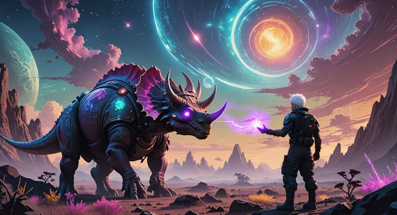 Cybernetic Triceratops on Alien Planet in Anime Style