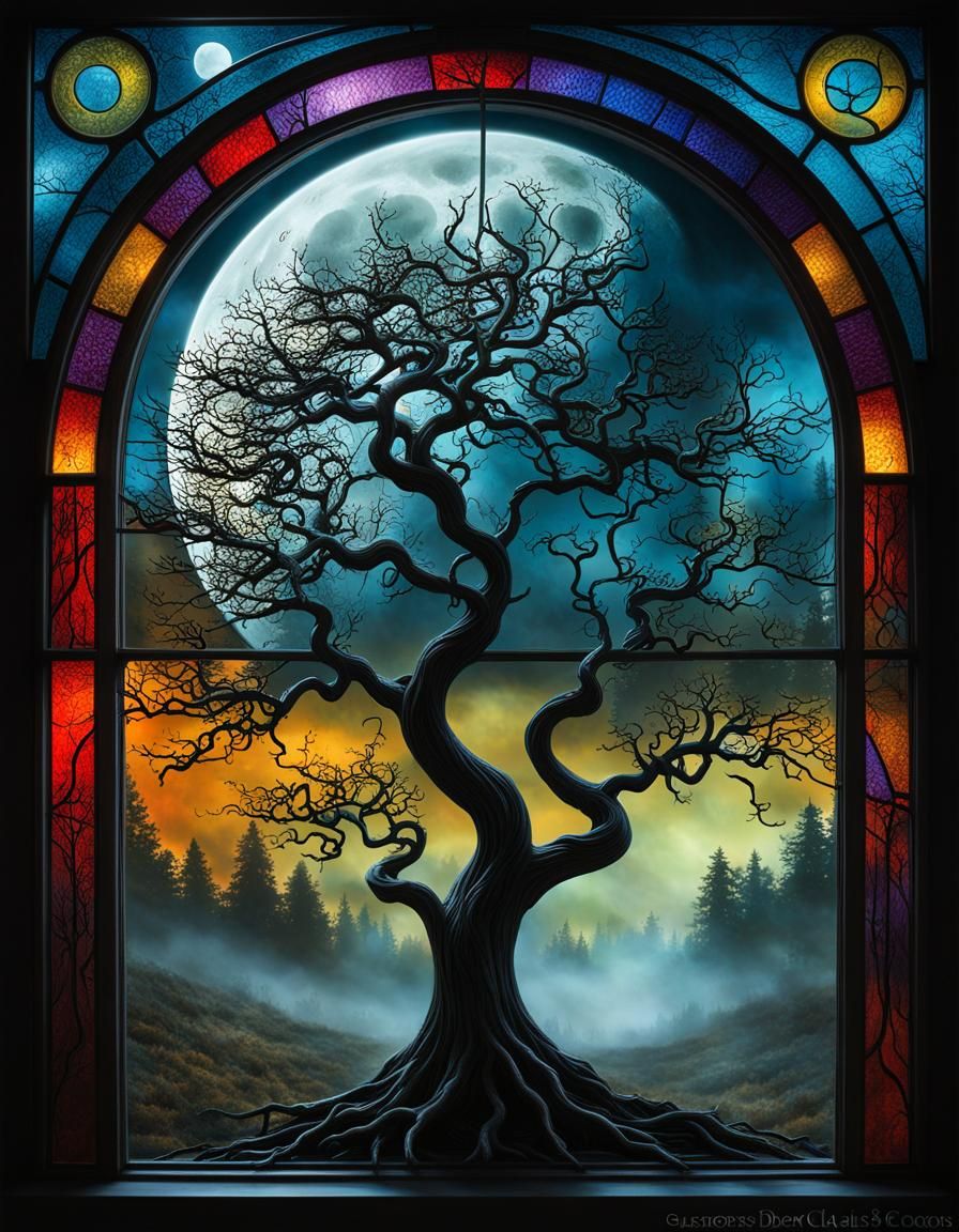 Spooky Gothic Moonlit Tree in Summer Fog