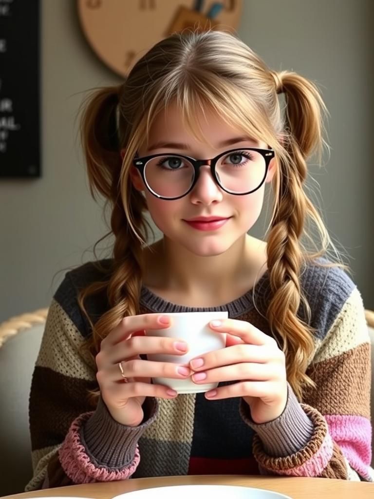 Teenage Girl with Pigtails Drinking Coffee