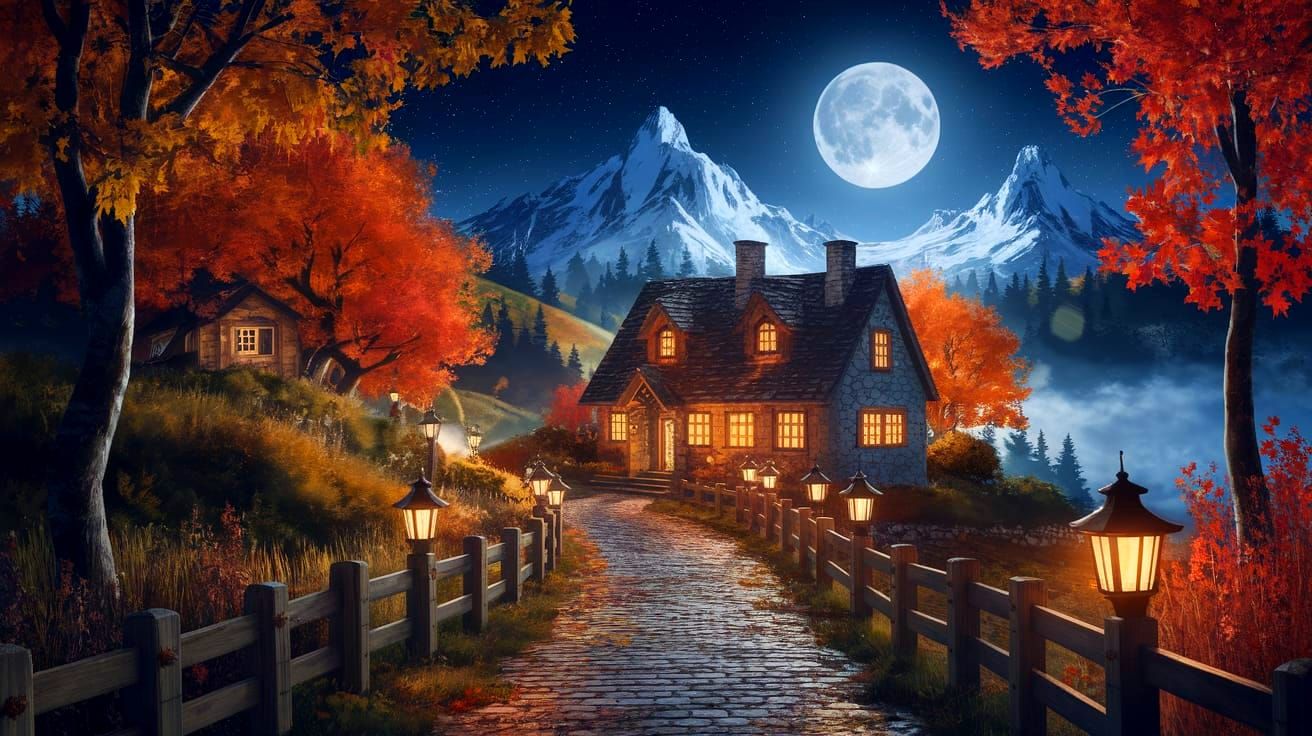Autumn Village Under Moonlight in Kinkade Style