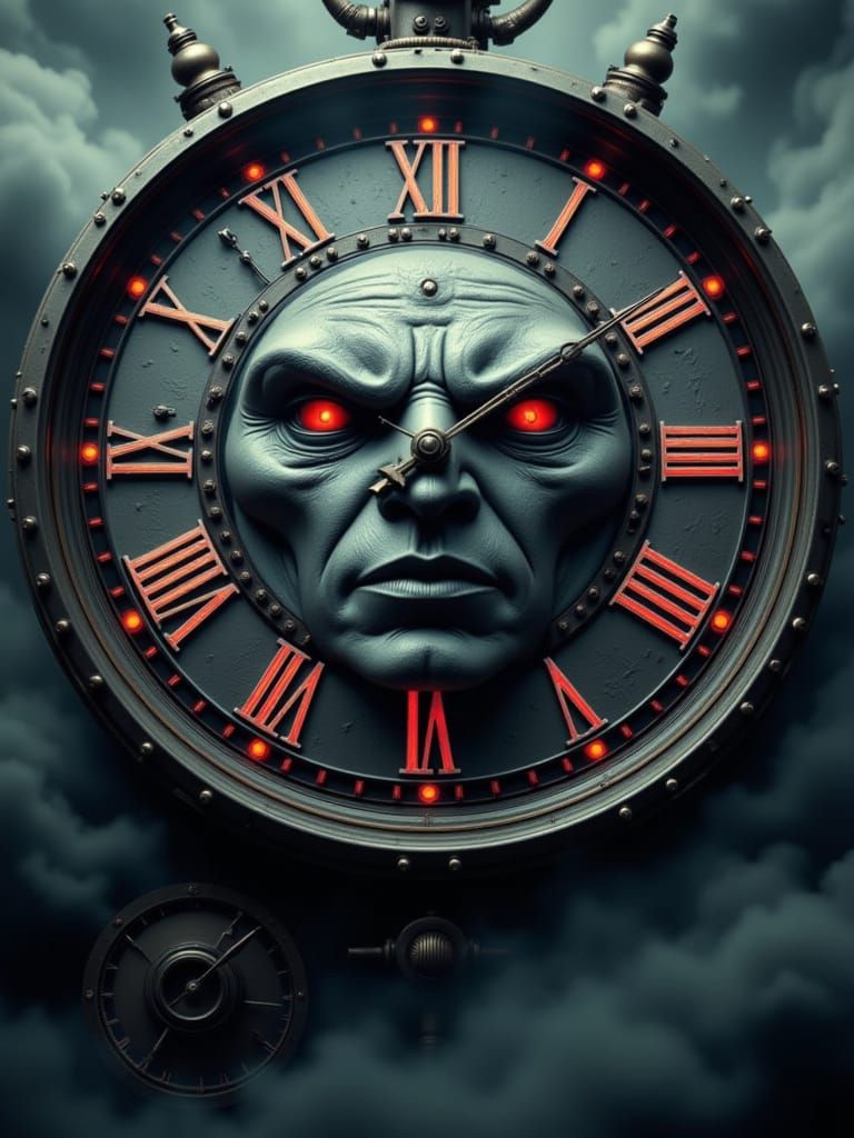 Clockpunk Angry Face Clock in Stormy Sky
