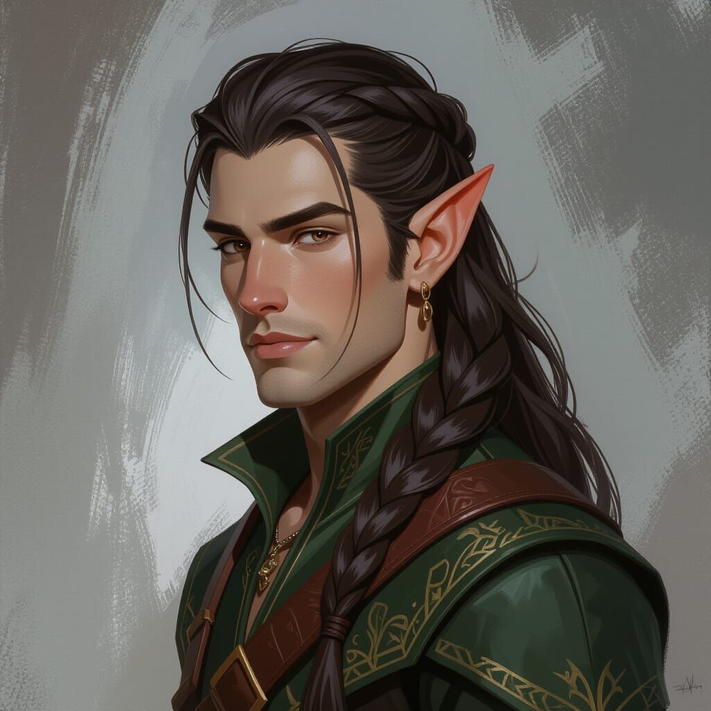 Brunette Elf in Modern Elvenwear, Monochromatic Portrait